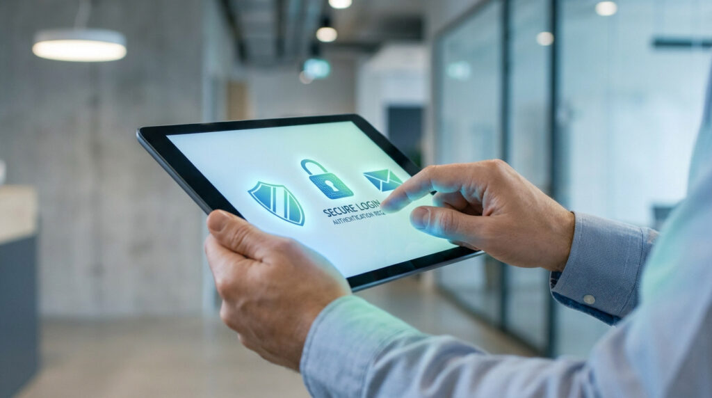 Personne utilisant une tablette affichant une icône de cadenas et de courrier pour une connexion sécurisée.