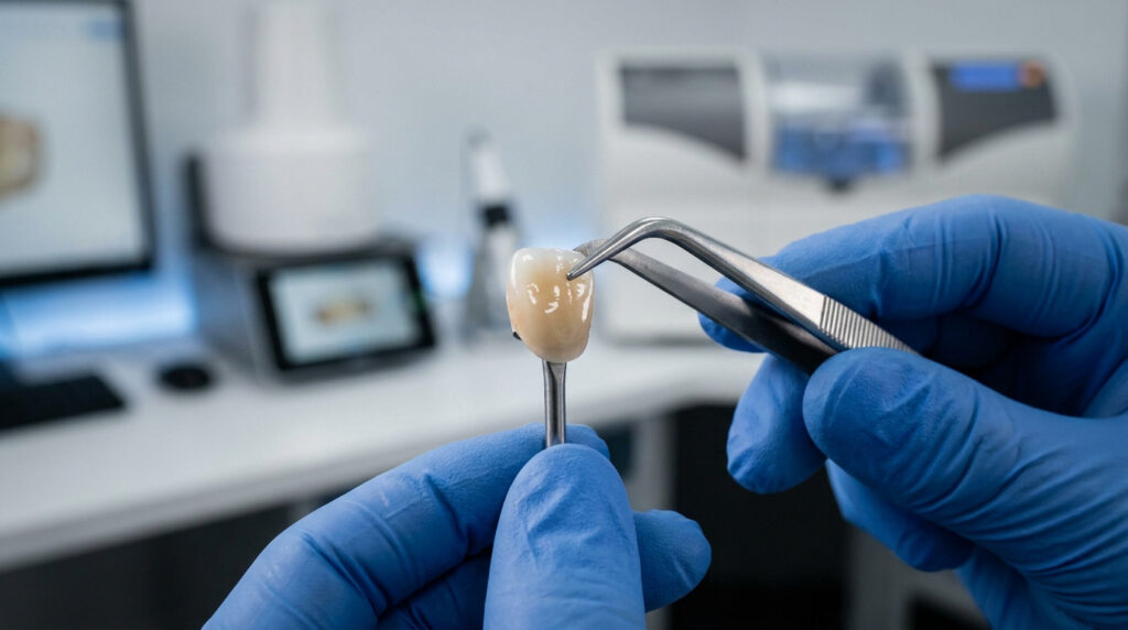 Un technicien dentaire manipule une couronne en céramique avec une pince dans un laboratoire moderne.