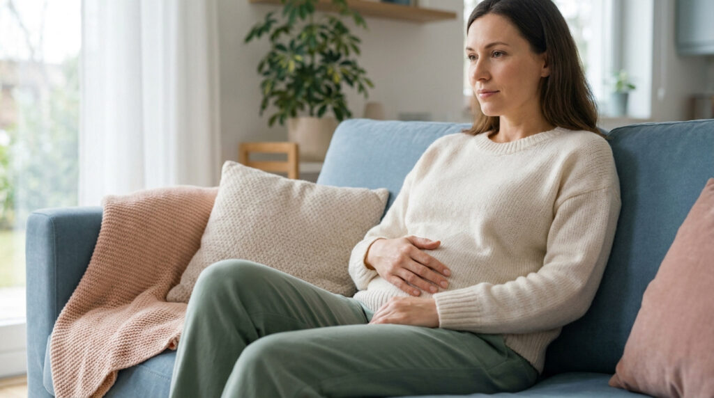 Une femme assise sur un canapé, posant doucement sa main sur son bas-ventre avec une expression pensive.