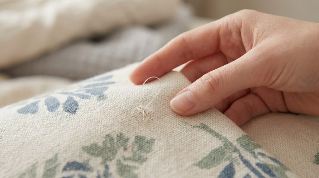 Gros plan sur une main touchant un petit fil en boucle dépassant d'un tissu à motifs floraux sur un oreiller.