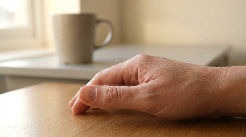 Une main posée sur une table en bois avec un pouce qui tremble légèrement, une tasse est floue en arrière-plan.