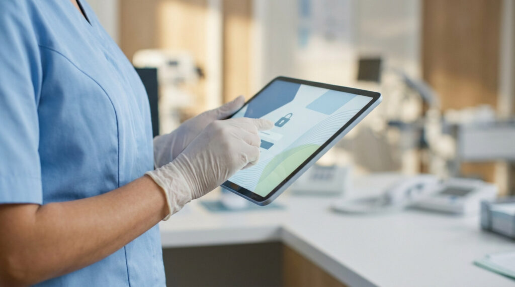 Professionnel de santé en gants utilise une tablette pour se connecter au portail sécurisé Netsoins.