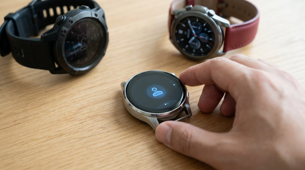 Une main manipule une montre connectée sur une table en bois, entourée de deux autres montres sportives.