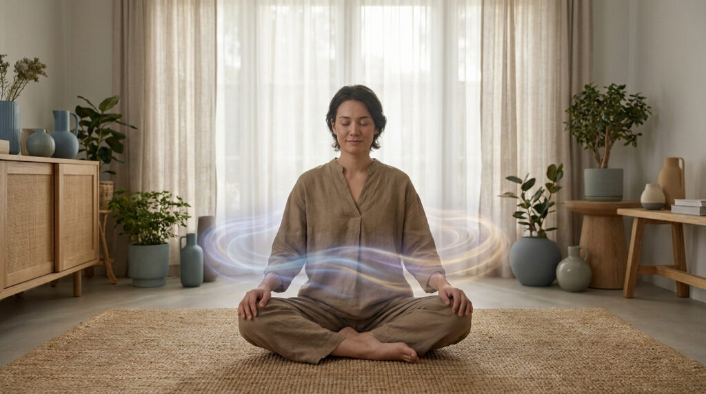 Femme en tenue décontractée assise en position du lotus avec une aura lumineuse autour de son bassin.