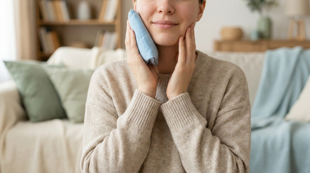 Une femme applique une compresse froide sur sa joue pour soulager la douleur après une opération dentaire.
