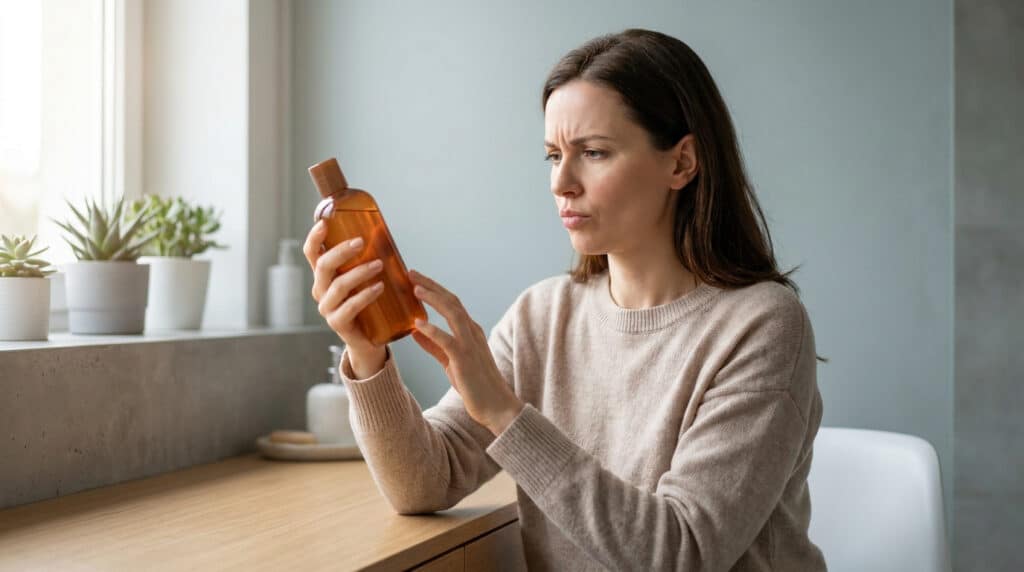 Une femme au visage dubitatif examine attentivement une bouteille de produit capillaire.
