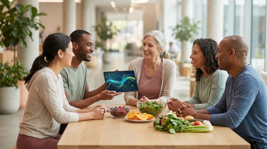 Groupe diversifié de personnes souriantes autour d'une table avec des fruits et légumes et une tablette numérique.