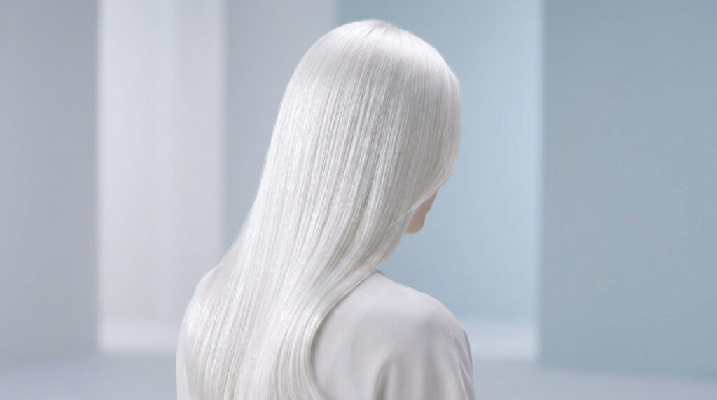 Vue de dos d'une femme avec des cheveux longs, lisses et d'un blanc polaire éclatant dans un décor minimaliste.