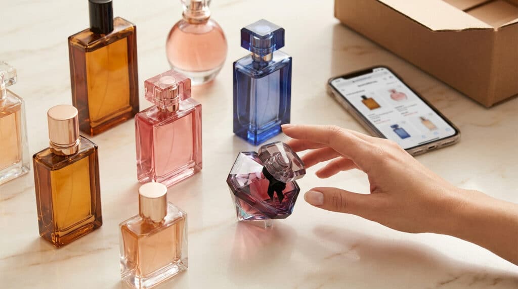 Une main sélectionne un flacon de parfum parmi plusieurs bouteilles de parfum sur une table près d'un téléphone.