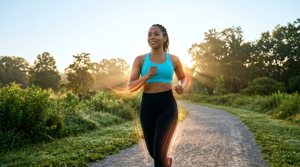 Une femme athlétique court sur un sentier en pleine nature au lever du soleil avec un effet visuel d'énergie autour d'elle.