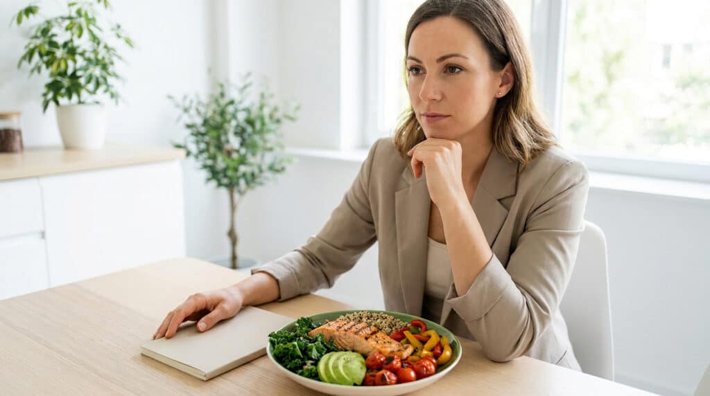 Une femme pensive assise devant une assiette de saumon, d'avocat et de légumes sains dans une cuisine lumineuse.