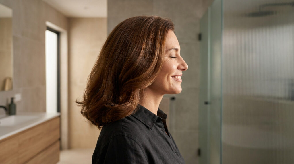 Une femme souriante de profil avec des cheveux bruns éclatants et sains dans une salle de bain moderne.