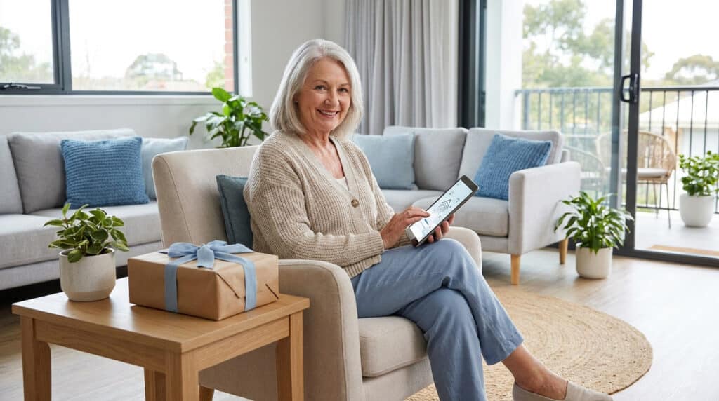 Une femme âgée souriante assise dans un salon confortable, utilisant une tablette numérique.