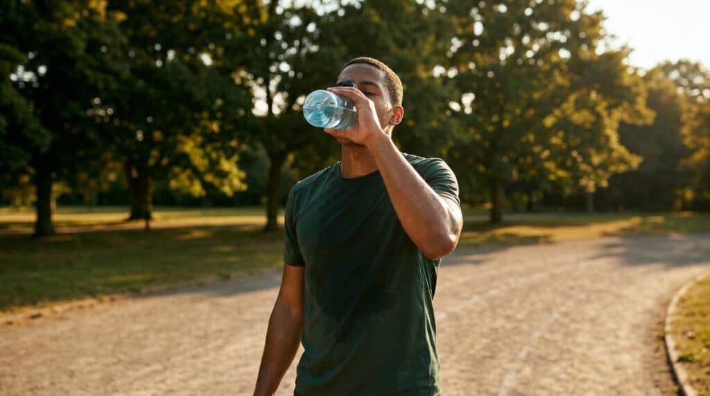 Un athlète en t-shirt vert transpirant boit de l'eau sur une piste d'athlétisme au coucher du soleil.