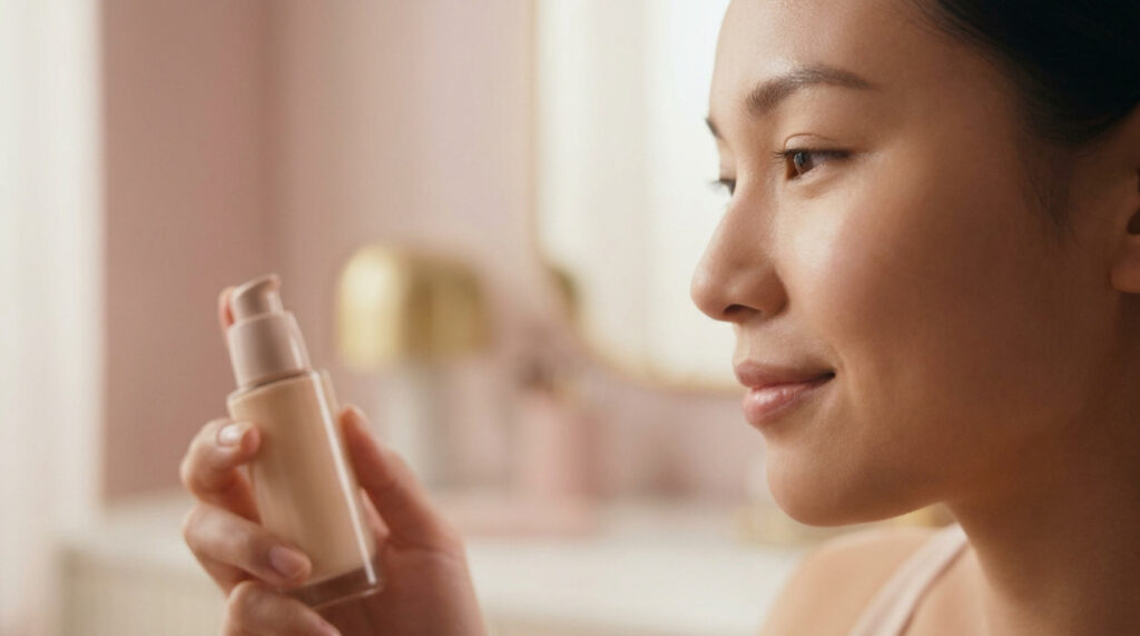 Une jeune femme tient un flacon de fond de teint Claréa Paris avec un teint naturel et lumineux.