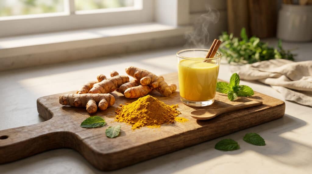 Un verre de lait d'or fumant accompagné de racines et de poudre de curcuma sur une planche en bois.
