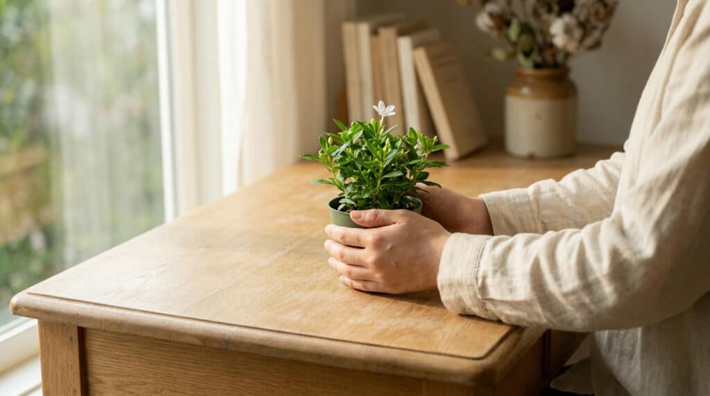 Personne tenant une petite plante verte en pot sur un bureau en bois près d'une fenêtre.