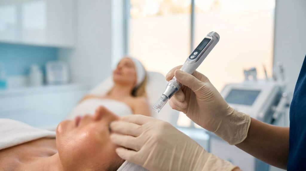 Un professionnel de santé effectue un soin du visage par microneedling sur une patiente dans un cabinet médical.