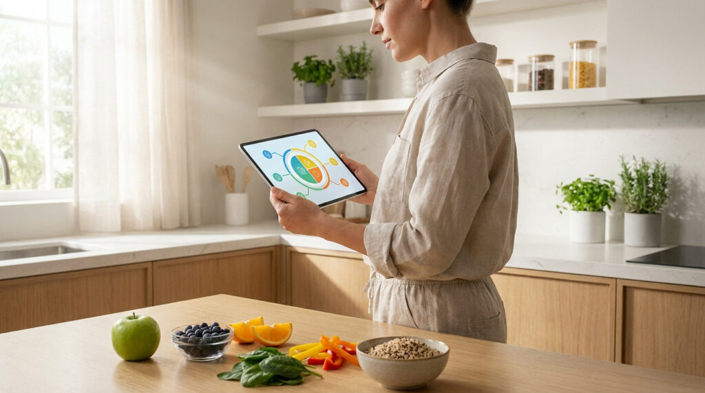 Une femme consulte un graphique d'équilibre alimentaire sur sa tablette dans une cuisine lumineuse.