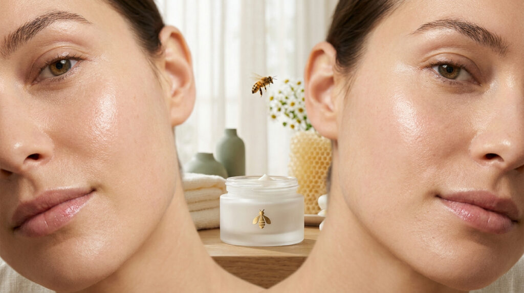 Pot de crème au venin d'abeille entre deux visages de femme à la peau éclatante et naturelle.
