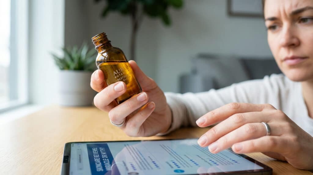 Une femme sceptique regarde une petite bouteille d'huile cosmétique tout en lisant des avis en ligne sur une tablette.
