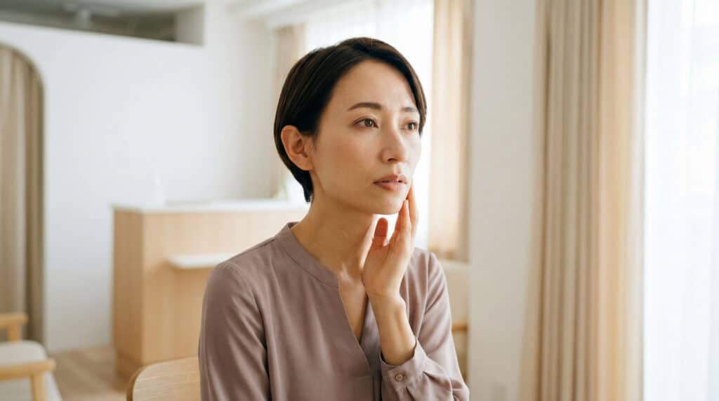 Une femme asiatique préoccupée touche son visage avec inquiétude dans un intérieur lumineux.