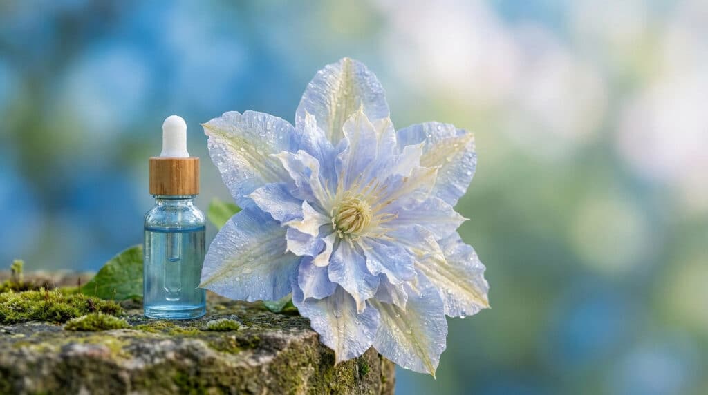Un flacon compte-gouttes posé à côté d'une fleur bleu pâle sur une pierre moussue dans un jardin.
