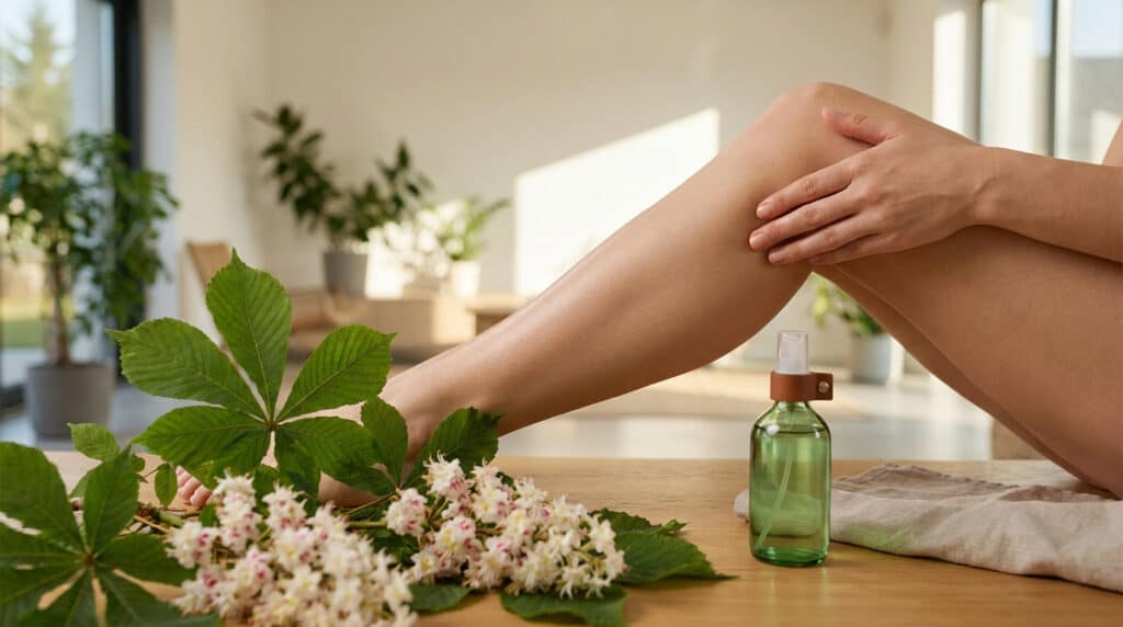 Une personne applique un spray Hondro Sol sur sa jambe à côté de fleurs de marronnier.
